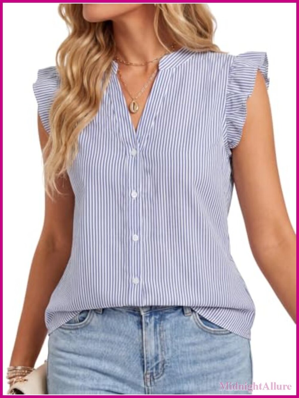 Women's Striped V-Neck Ruffle Cap Sleeve Blouse Button Up Top